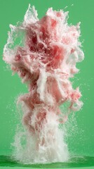 Pink substance explodes in water, creating a cloud-like effect against a green backdrop