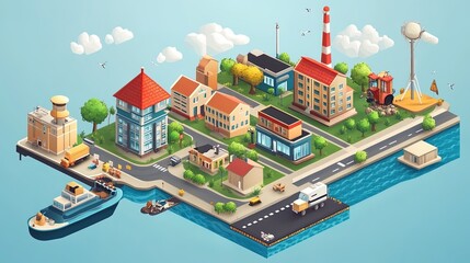 Urban development showcase coastal island community digital illustration vibrant environment aerial perspective modern design