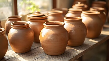 Handcrafted terracotta pottery collection of earthy brown clay pots with lids on wooden table glows in warm sunlight, casting soft shadows in rustic workshop with textured clay surfaces.
