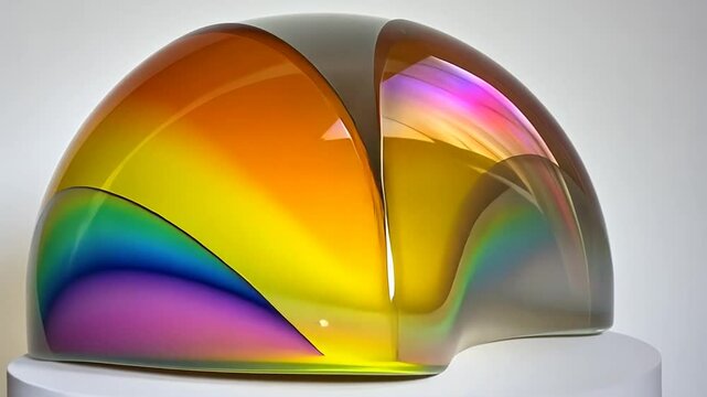 Iridescent glass sculpture on white, rainbow reflection, indoor