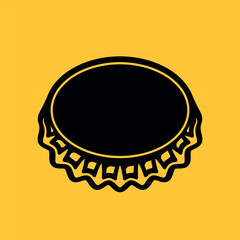 Beer cap vector object in black style on yellow background. Perfect for brewery badges, bar emblems, pub branding, and vintage style designs