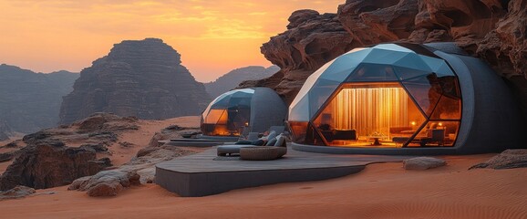 Fototapeta premium Desert sunset illuminates glass dome accommodations nestled into sandstone cliffs. Luxurious desert getaway
