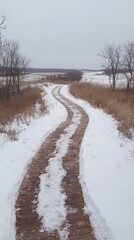 Snowy, winding dirt road through winter landscape