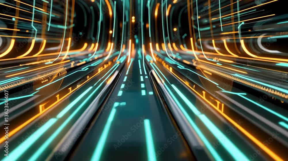 Poster futuristic network tunnel with glowing lines and digital elements