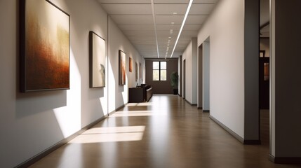 Modern art gallery corridor with soft lighting.