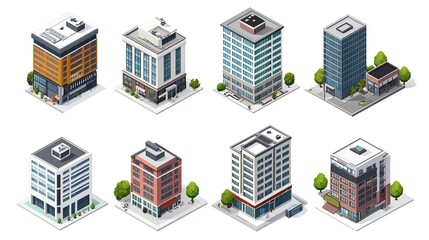 Modern office buildings urban landscape isometric illustration city environment aerial view business concept