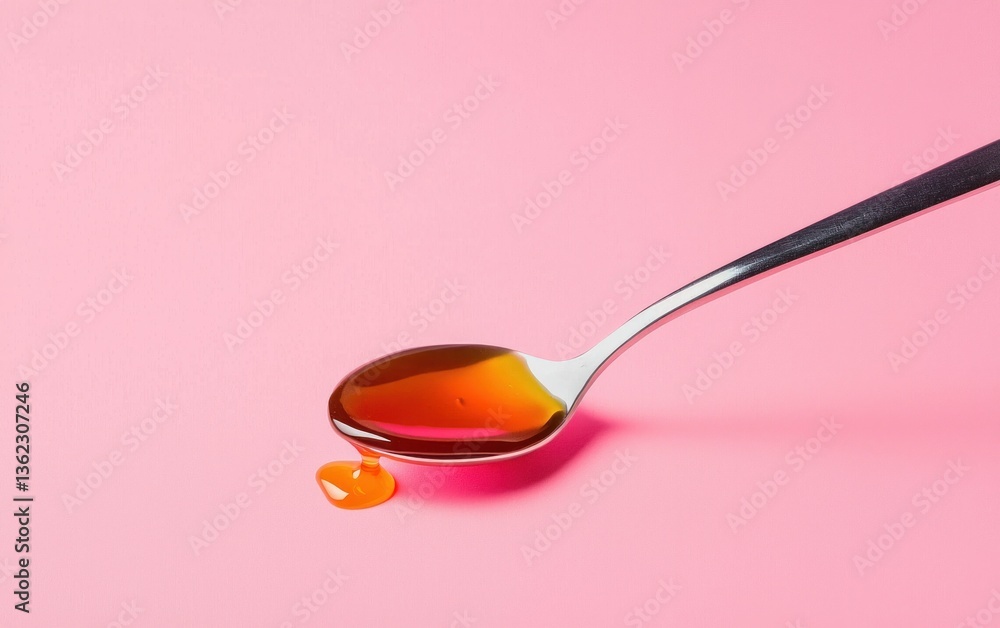 Poster close-up of a spoon with amber liquid dripping onto a pink background. the liquid has a glossy textu