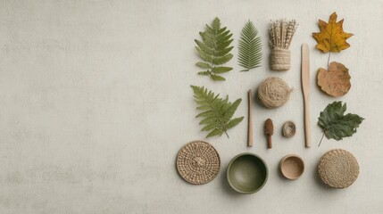Flatlay autumn nature arrangement.  Leaves, wood, bowls & baskets