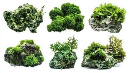 Set of Green Aquatic Moss with Coral Reefs, Isolated White Background