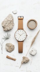 Minimalist wristwatch styled with natural elements