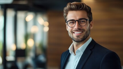 Fototapeta premium Portrait of handsome businessman standing in modern conference room. Happy young business man looking at camera with copy space. Portrait of successful smiling guy in office wearing eyeglasses.