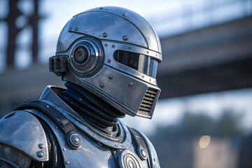 Fototapeta premium Realistic Metallic Robot in helmet, close-up robotic head in helmet.