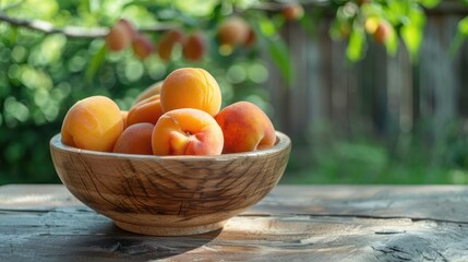 Ripe yellow apricots on the background of an orchard. There is a cup of fruit on the table.