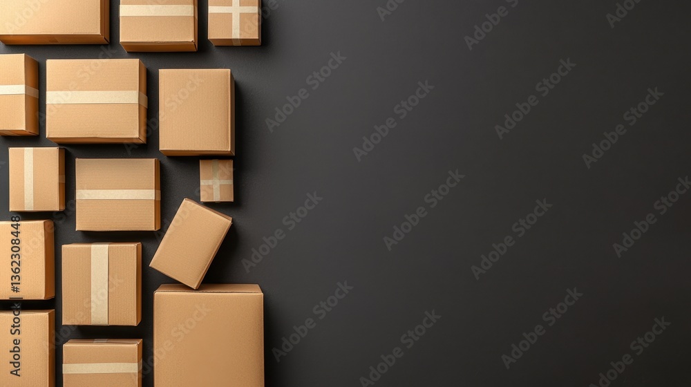Poster multiple shipping boxes arranged neatly, plenty of empty space for text or logos.