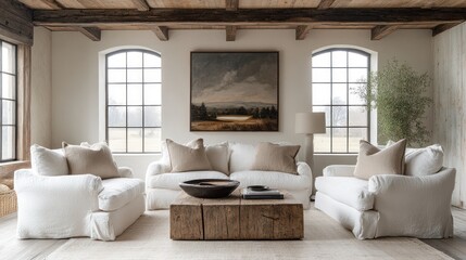Bright living room with white sofas, rustic wood ceiling, and large arched windows