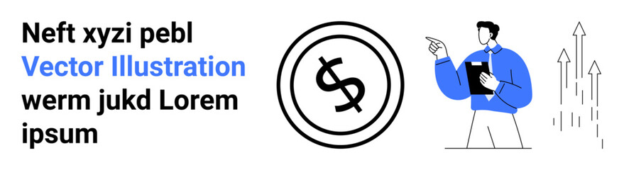 Person with clipboard gesturing towards upward arrows and dollar sign circle, representing financial progress. Ideal for finance, analytics, decision-making, growth, investment, strategy, abstract