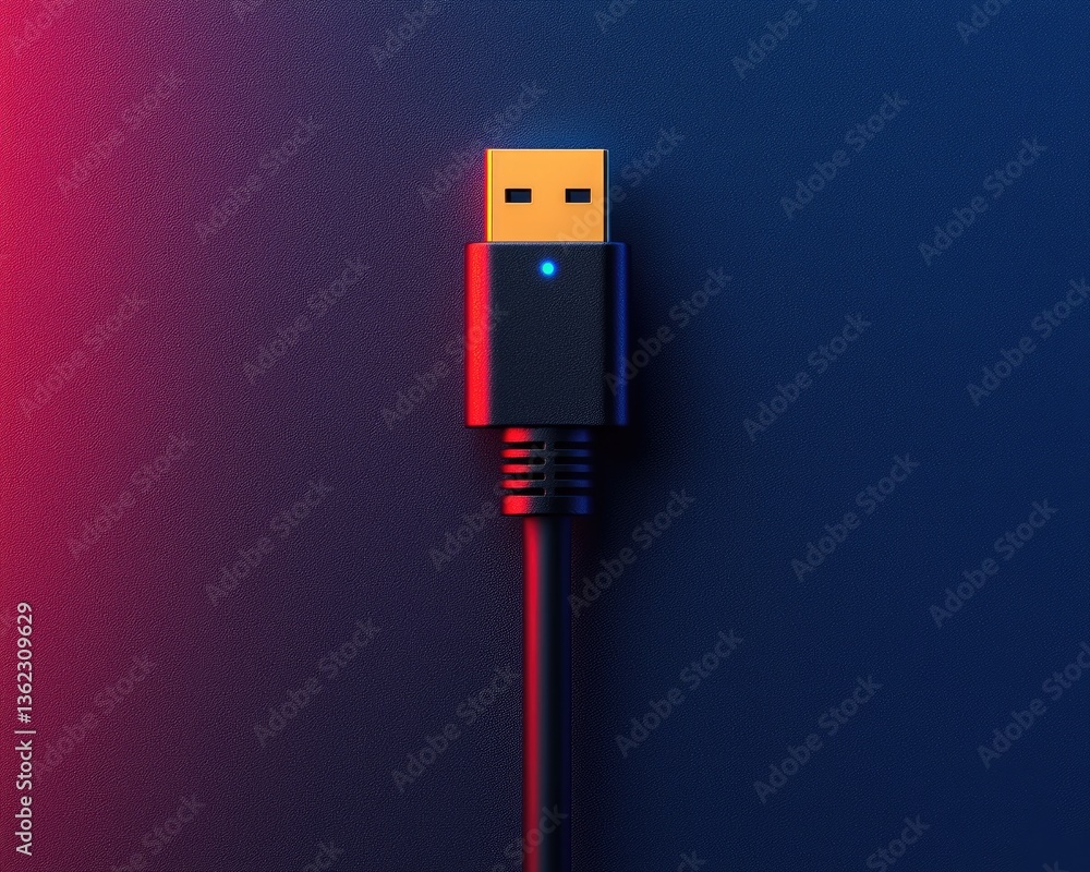 Poster close-up of a usb connector with glowing light against a dark gradient background