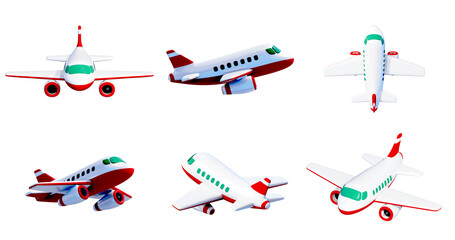 3D model plane in abstract and minimalistic style. Set of icons from different angles with transparent background. Flying isolated through the clouds, office and powerpoint style graphics