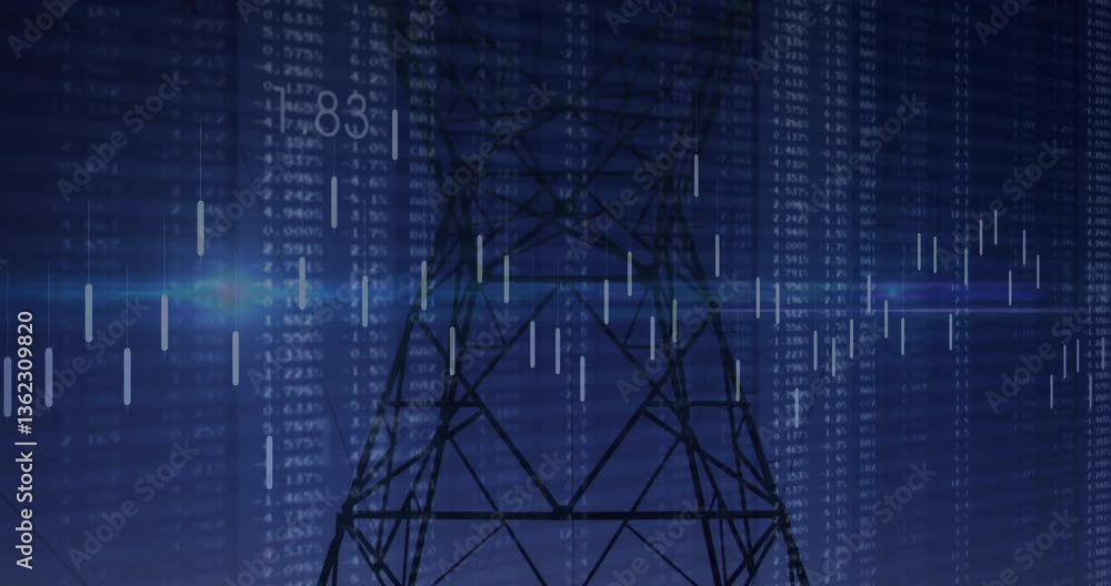 Poster transmission tower silhouette over digital data and binary code animation