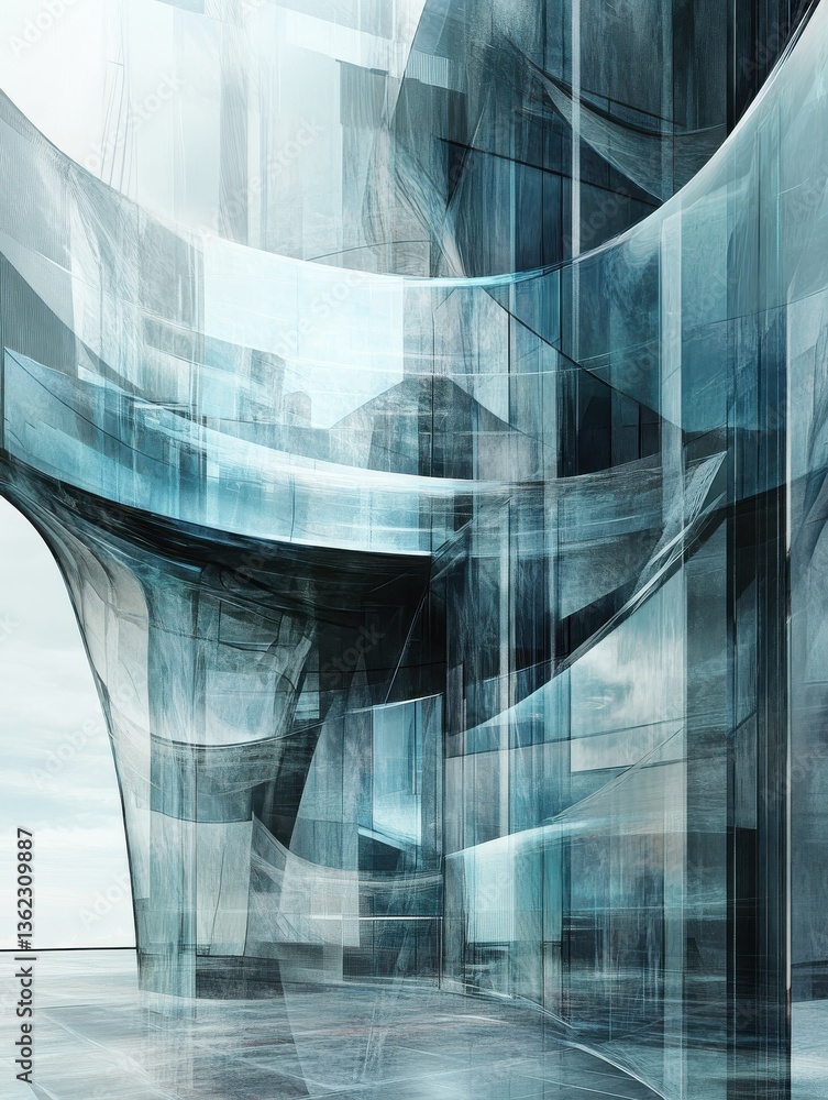 Poster multiple exposure of modern abstract glass architectural forms. generative ai