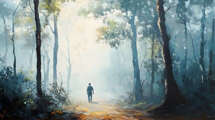 Obraz premium Lone figure walking on path, serene forest surrounded by mist and sunlight, tranquil atmosphere perfect for reflection.