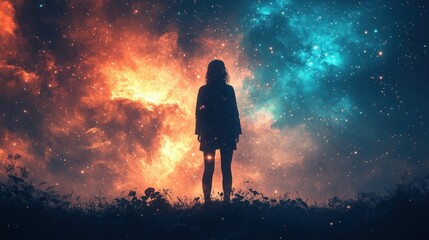 Obraz premium Silhouette of a woman gazing at a vibrant, cosmic nebula