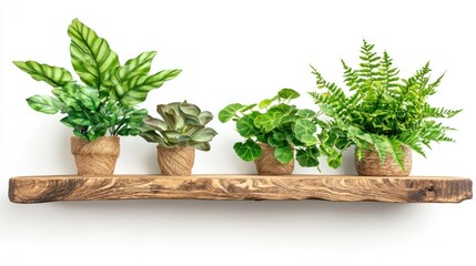 Fototapeta premium Wooden Shelves with Tropical Leaves, Sharp Cut-Out, Isolated White Background