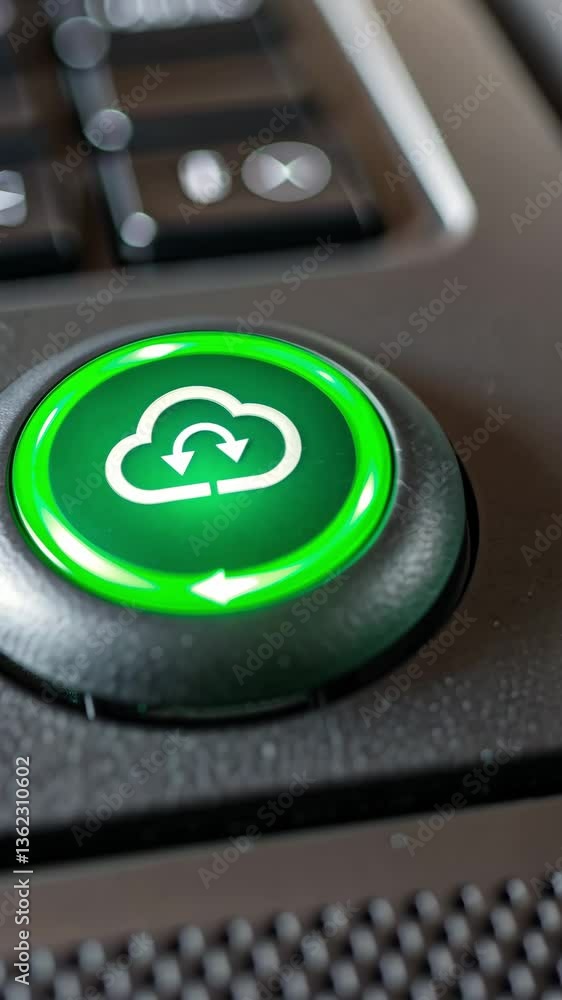 Poster green button for cloud connectivity empowering digital nomads with technology and storage solutions