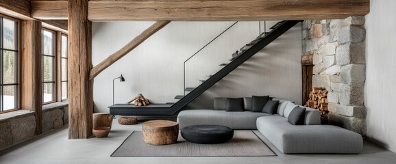 Light gray sofa & decor in living room with staircase & wooden beams