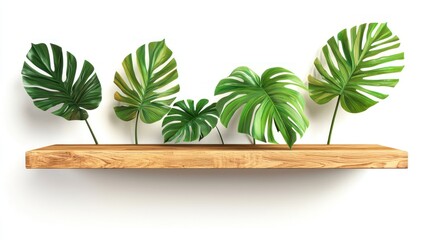 Wooden Shelves with Tropical Leaves, Sharp Cut-Out, Isolated White Background