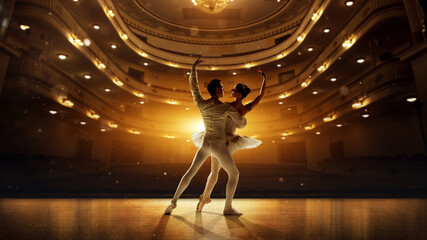 Romantic ballet duo in dramatic pose, golden spotlight illuminating delicate movement. Concept of classical dance, art and grace, beauty, choreography in emotional connection. © Lustre Art Group 