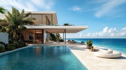 Fototapeta premium Modern luxury beachfront villa boasts floor-to-ceiling glass windows, panoramic ocean view, stone patio, turquoise water, natural stone flooring, and indoor-outdoor living in golden hour light.