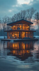 Obraz premium Modern lake house with warm interior lighting reflected in calm water at dusk