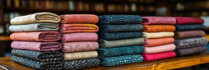 Colorful fabric stacks, neatly arranged. Diverse patterns and textures