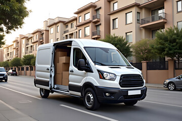 White delivery van with open doors and cardboard boxes on urban street
