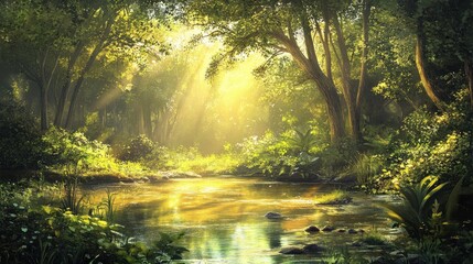 Fototapeta premium A tranquil forest scene captures the beauty of nature as the sun's rays filter through the water, illuminating the lush trees and plants in a picturesque landscape illustration