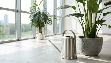 Metal watering can next to potted plant indoors