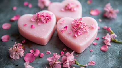 Heartshaped oragnic soapbars with pink flowers and petals, Spa and selfcare product for aroma therapy, , AI generated