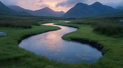 Serene sunset over a winding river, nestled in a verdant valley between majestic mountains