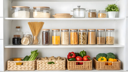 Organized kitchen pantry with jars and baskets of various dry goods