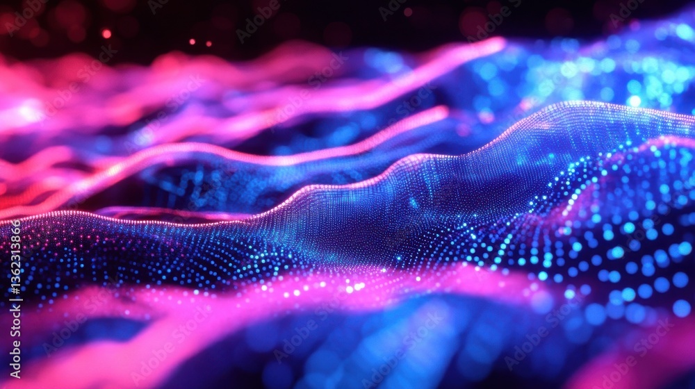 Poster futuristic abstract background featuring glowing blue and pink digital waves made of dots, represent