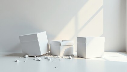 Fototapeta premium Shattered white cube boxes scattered on a clean floor, random arrangement, clean floor