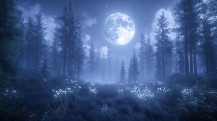 Moonlit forest scene, ethereal blue light bathes misty pines and wildflowers