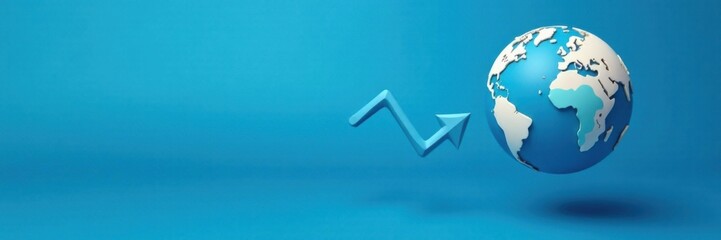 Naklejka premium Simple arrow icon pointing to a stylized globe on a blue background, website, map, navigation tool