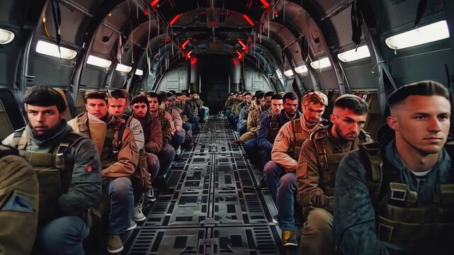 Paratroopers in a military plane.