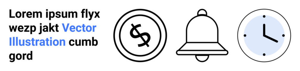 Dollar symbol, bell, and clock in minimalistic design representing finance, notifications, and time management. Ideal for reminders, business, scheduling, productivity funds alerts abstract line