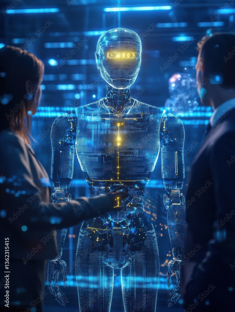 Poster an ai agent hologram symbolizing agentic autonomy for collaboration with the human workforce using a