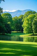 Fototapeta premium a view of a lake surrounded by trees and mountains