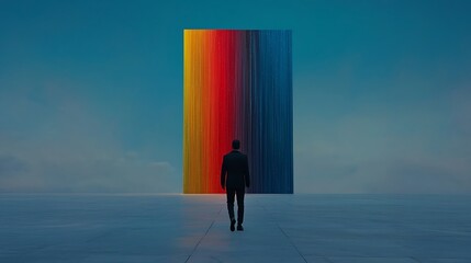 Obraz premium Man walks towards colorful portal.