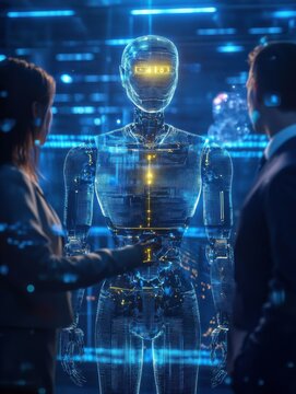 An AI agent hologram symbolizing agentic autonomy for collaboration with the human workforce using autonomous agents to work in business partnership using teamwork